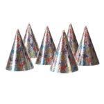 Zilveren holografische feesthoedjes met kleurrijke sterren en swirl patronen feesthoedjes 6st