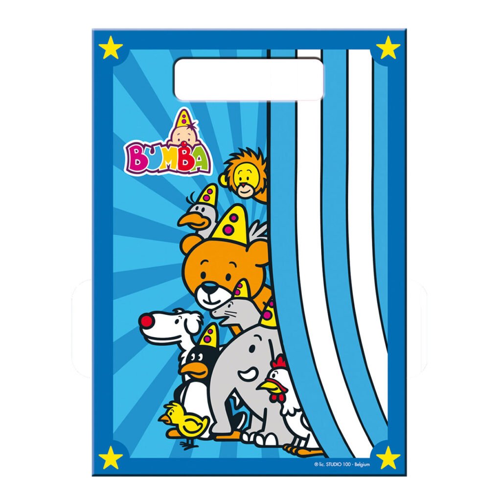 Bumba en vrolijke circusdieren met feesthoedjes kijken achter gordijn Bumba Uitdeelzakjes