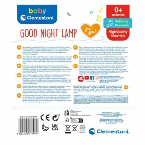 Baby Clementoni Good Night Lamp verpakking achterkant met productinformatie en functies