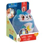 Pluche blauwe wolf babyknuffel met lichtgevende maan op buik Clementoni Baby Twinkle Winkle Kleine Wolf Blauw Knuffel Nachtlamp