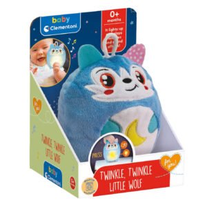 Pluche blauwe wolf babyknuffel met lichtgevende maan op buik Clementoni Baby Twinkle Winkle Kleine Wolf Blauw Knuffel Nachtlamp