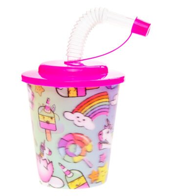 Kinderbeker met roze deksel en rietje met unicorn en regenboog print Beker met Deksel en Rietje Eenhoorn