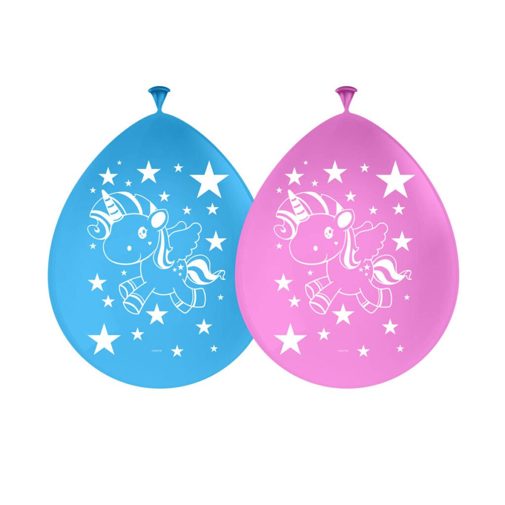 blauwe en roze ballon met eenhoorn en sterren print Eenhoorn Ballonnen