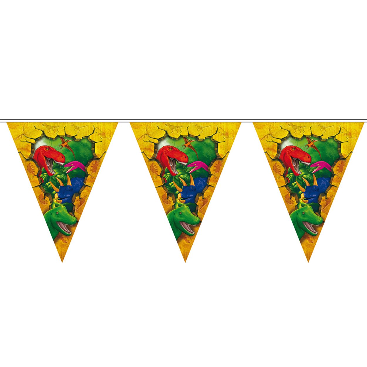 folat-bv-dinosaurus-slinger-driehoek-vlaggen-trex-triceratops dinosaurus slinger met driehoekige vlaggen en kleurrijke dino illustraties zoals T-rex en triceratops dino vlaggenlijn