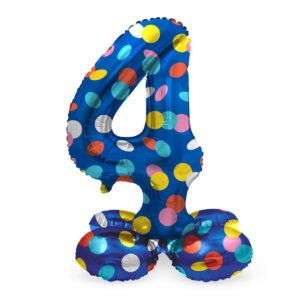 staande folie ballon cijfer 4 blauw met kleurrijke stippen Staande Folieballon Colorful Dots Cijfer 4