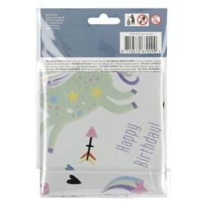 Achterkant verpakking folie ballon happy birthday unicorn met barcode en productinfo