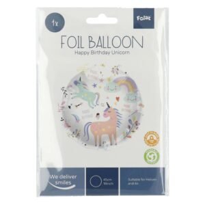 Voorkant verpakking folie ballon happy birthday unicorn 45cm met productafbeelding