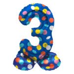 blauwe folie cijfer 3 ballon met kleurrijke stippen staand model Staande Folieballon Colorful Dots Cijfer 3