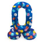 folieballon cijfer 0 blauw met multicolor stippen staand Staande Folieballon Colorful Dots Cijfer 0