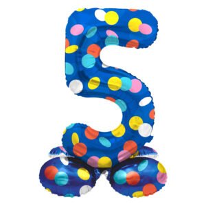 blauwe staande folieballon cijfer 5 met multicolor stippen Staande Folieballon Colorful Dots Cijfer 5