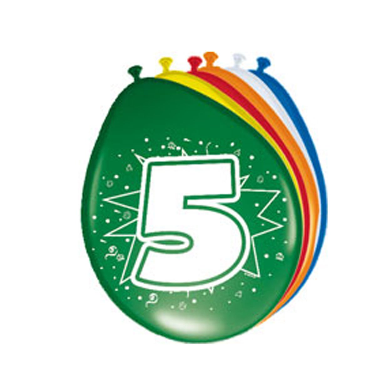 folat-bv-groene-feestballon-cijfer-5-gekleurde-balloons Groene feestballon met groot cijfer 5 en stapel gekleurde ballonnen erachter Cijferballonnen 5 jaar