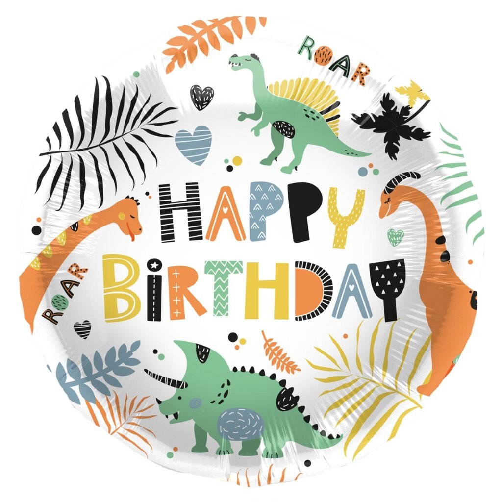 ronde happy birthday dinosaurus folieballon met jungle print Folieballon Dinosaurus 45 cm