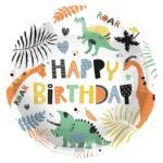 ronde happy birthday dinosaurus folieballon met jungle print Folieballon Dinosaurus 45 cm