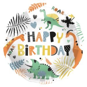 ronde happy birthday dinosaurus folieballon met jungle print Folieballon Dinosaurus 45 cm