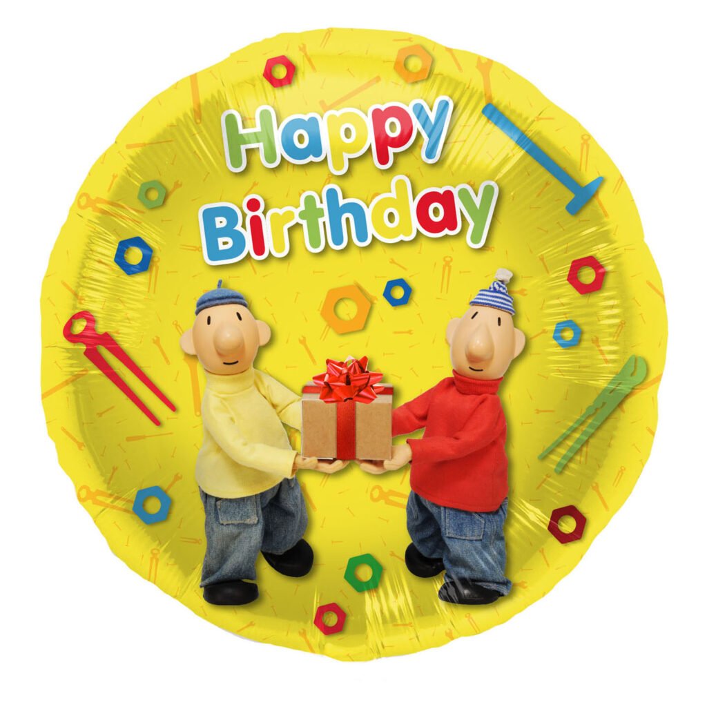 Vrolijke Happy Birthday afbeelding met twee figuren die cadeau vasthouden op gele achtergrond Buurman & Buurman Folieballon