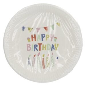 verpakt wit happy birthday papieren bordje met kleurrijke opdruk