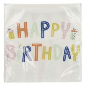 Close-up verpakking happy birthday servetten met gekleurde letters en cadeautjes