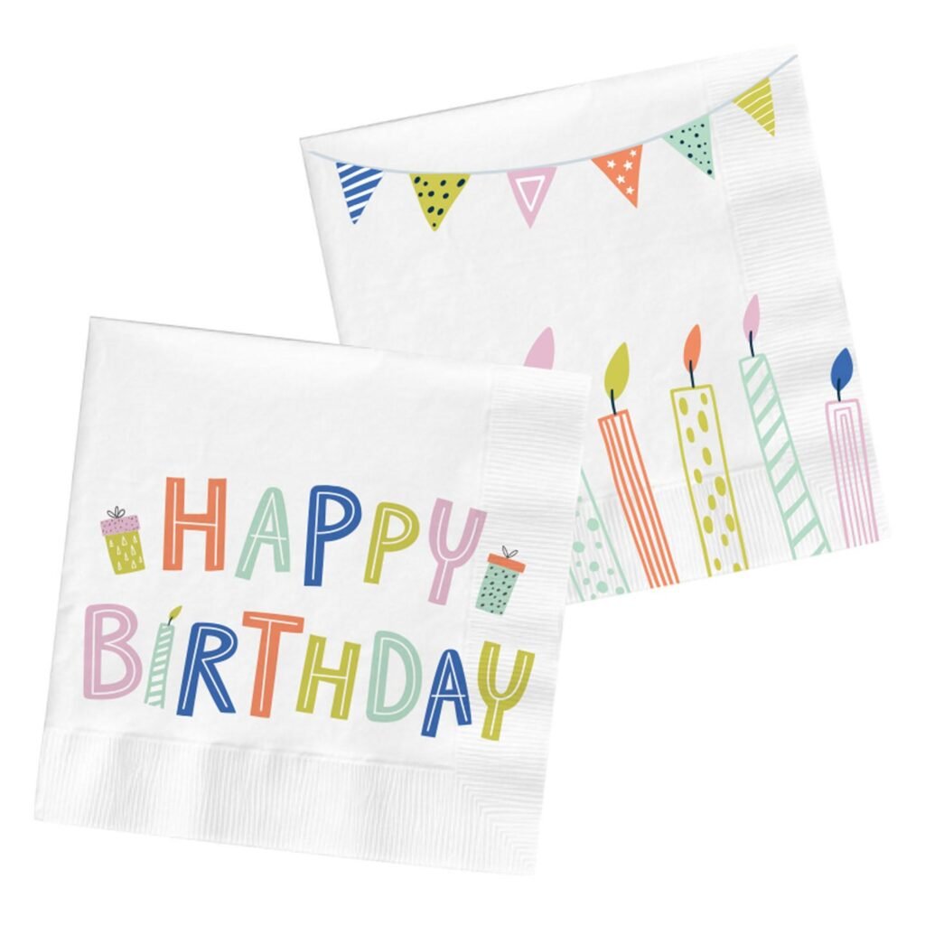 Kleurrijke happy birthday servetten met kaarsen print en feestelijke tekst Papieren Servetten Eco Party