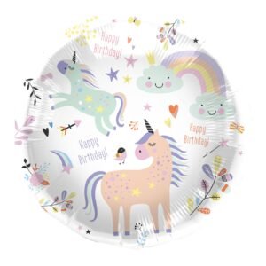 Ronde happy birthday unicorn folie ballon met regenboog, sterren en pastel eenhoorns Folieballon Happy Birthday Unicorns 45cm
