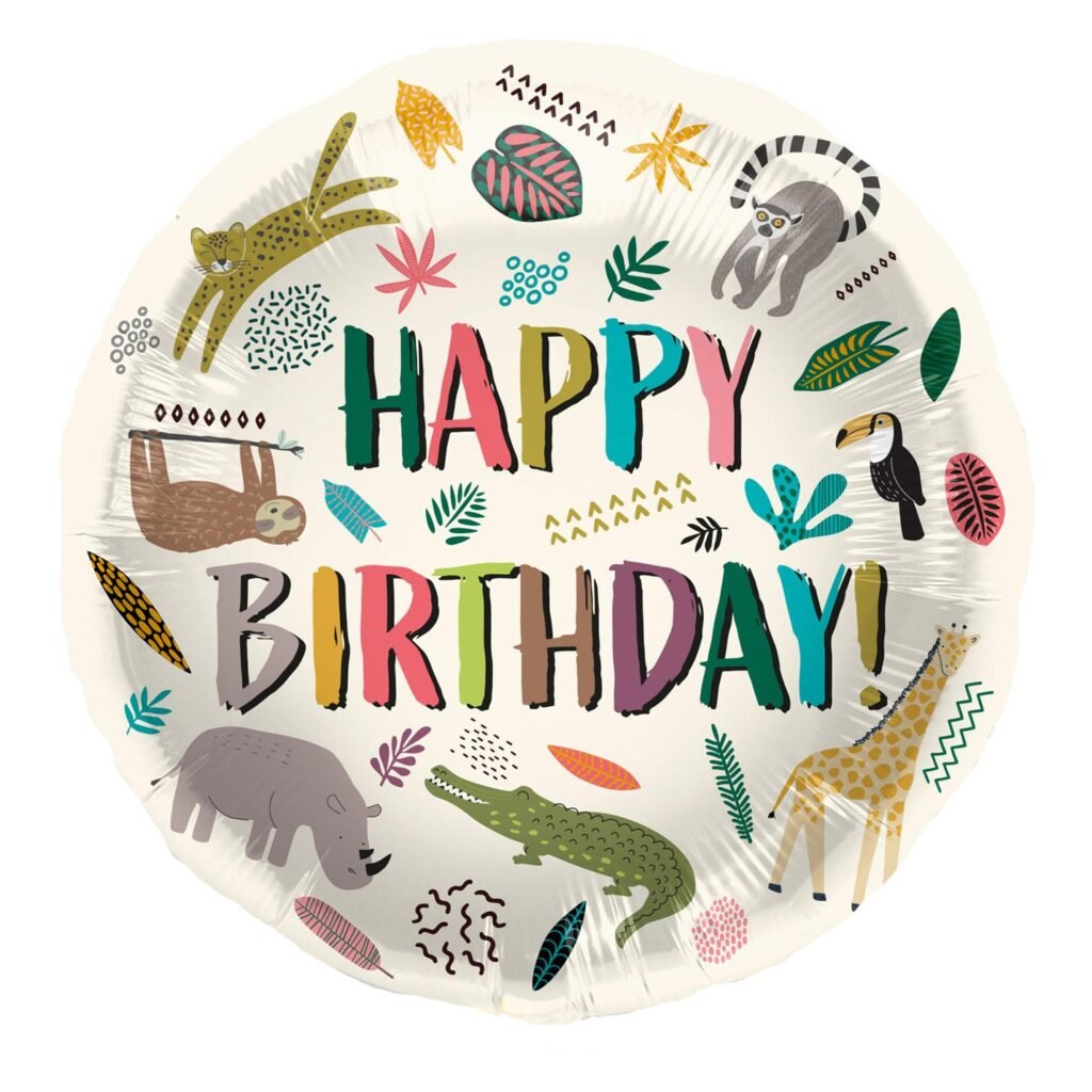 Kleurrijke jungle happy birthday ballon met safari dieren illustraties Folieballon Wilde Dieren 45cm
