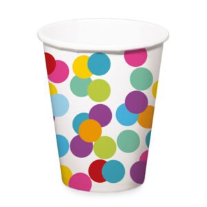 Witte kartonnen beker met kleurrijke stippen patroon voor feest en catering