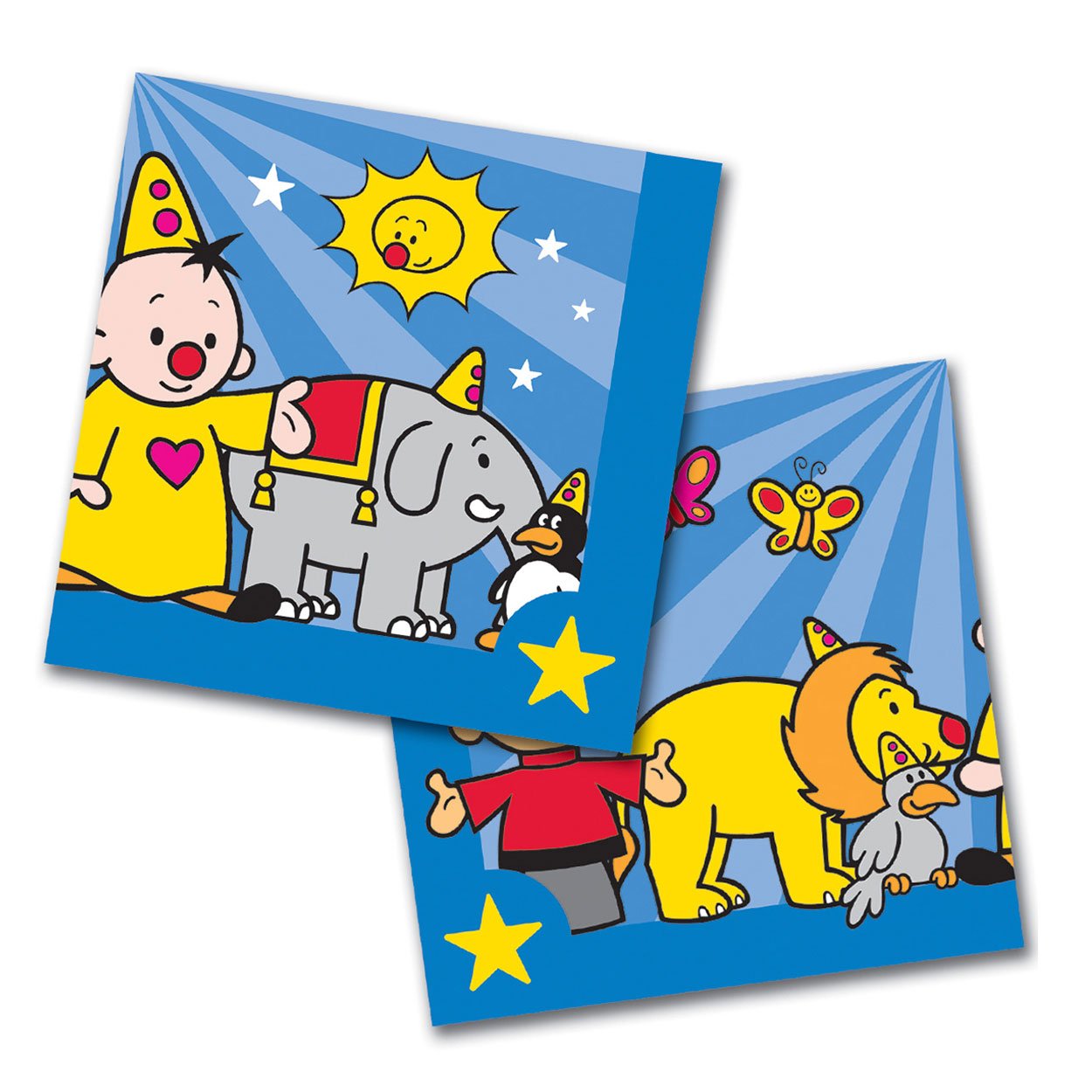folat-bv-kinderillustratie-feesthoedje-olifant-leeuw-zon-blauwe-achtergrond Vrolijke kinderillustratie met feesthoedje, olifant, leeuw en zon op blauwe sterrenachtergrond Bumba Servetten