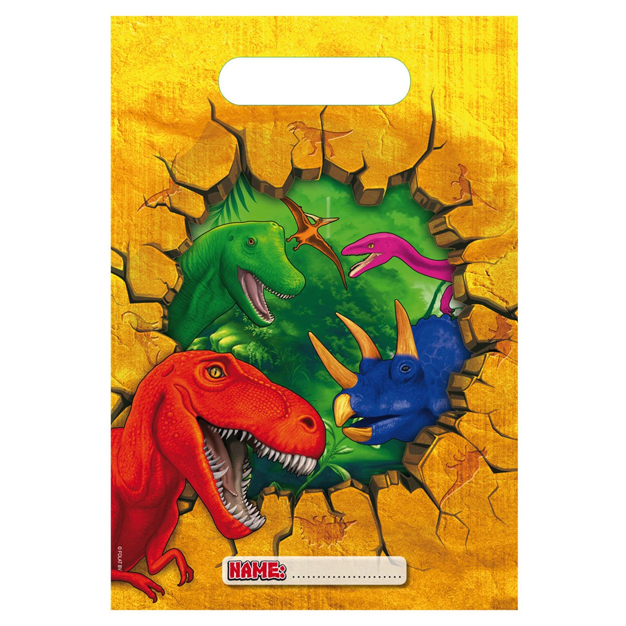 folat-bv-kleurrijke-dinosaurus-illustratie-trex-triceratops-pterosaurus-muur Kleurrijke dinosaurus illustratie met T-Rex, triceratops en pterosaurus die door gebarsten muur kijken Dino Uitdeelzakjes