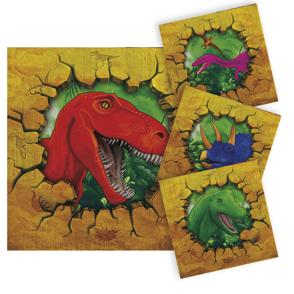 folat-bv-kleurrijke-dinosaurussen-gebroken-muur-illustratie Illustratie van kleurrijke dinosaurussen die door een gebarsten muur naar buiten kijken dino servetten 16st