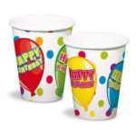 Set kleurrijke papieren verjaardagsbekers met ballonnen en stippen Bekers Happy Birthday