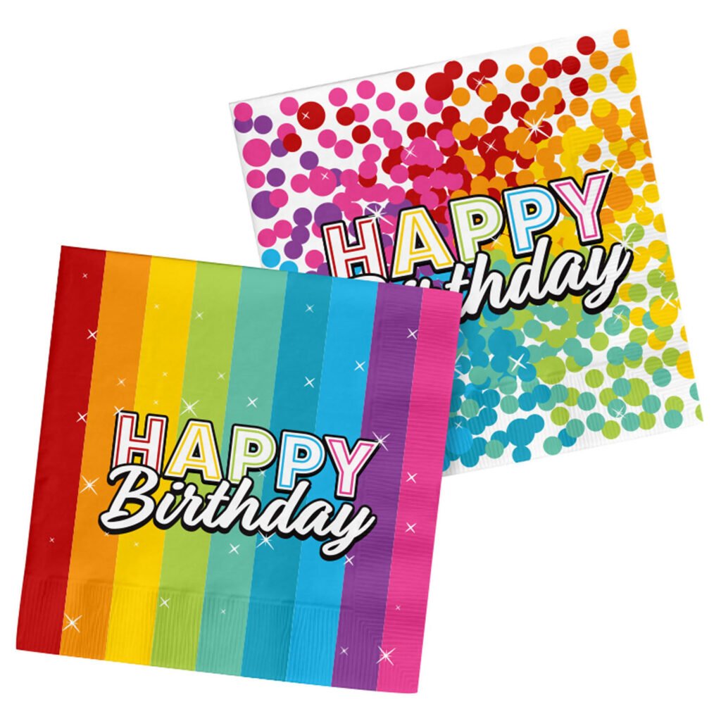 Regenboog Happy Birthday servetten met kleurrijke strepen en confetti design Servetten Happy Birthday