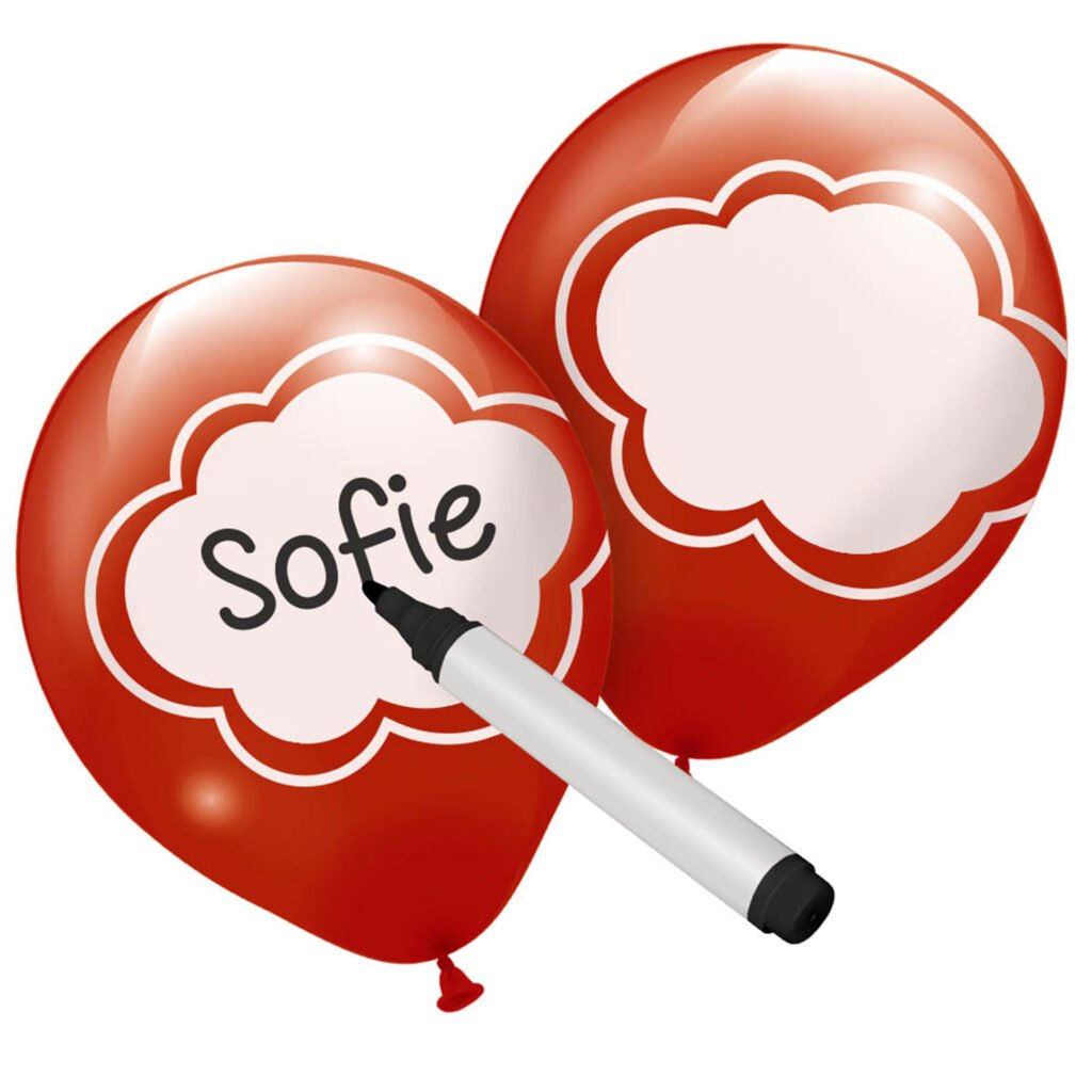 rode ballon met naam Sofie en witte schrijfbare wolk label met stift Beschrijfbare Ballonnen Gekleurd