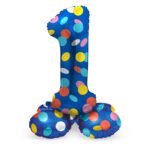 Staande cijfer 1 folie ballon blauw met multicolor stippen Staande Folieballon Colorful Dots Cijfer 1