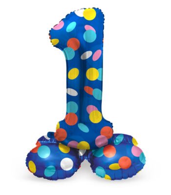 Staande cijfer 1 folie ballon blauw met multicolor stippen Staande Folieballon Colorful Dots Cijfer 1