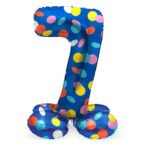 staande folie ballon cijfer 7 blauw met gekleurde confetti stippen Staande Folieballon Colorful Dots Cijfer 7