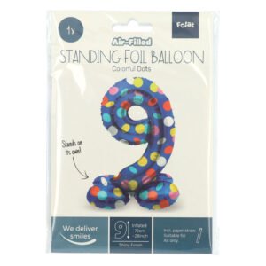 retail verpakking staande folie ballon cijfer 9 kleurrijke stippen