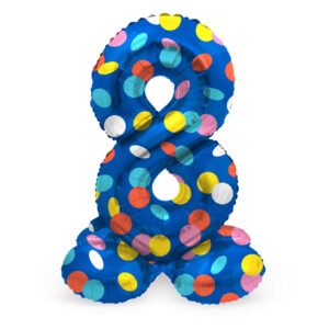 Staande blauwe cijfer 8 folie ballon met multicolor stippen Staande Folieballon Colorful Dots Cijfer 8