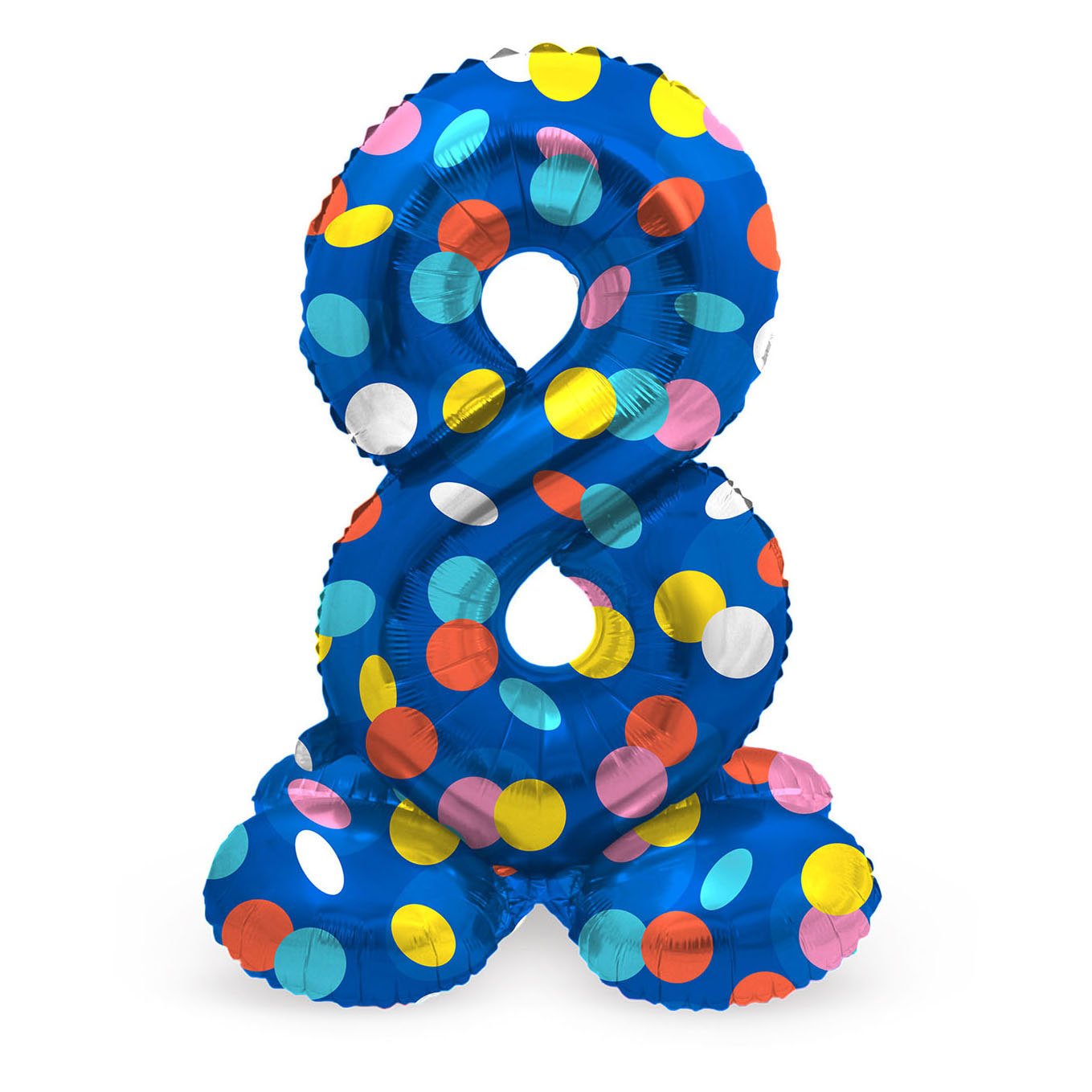 folat-bv-staande-folie-ballon-cijfer-8-blauw-stippen Staande blauwe cijfer 8 folie ballon met multicolor stippen Staande Folieballon Colorful Dots Cijfer 8