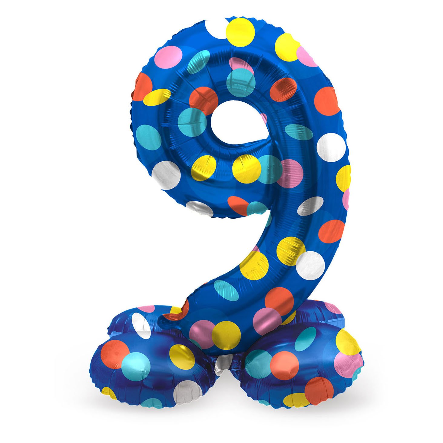folat-bv-staande-folie-ballon-cijfer-9-kleurrijke-stippen-blauw blauwe staande folie ballon cijfer 9 met kleurrijke stippen Staande Folieballon Colorful Dots Cijfer 9