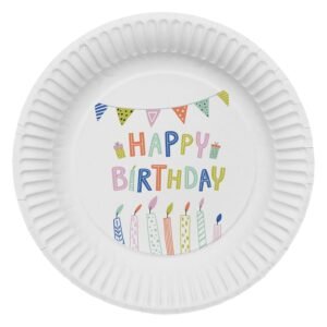 wit verjaardagsbordje happy birthday met kaarsjes en slingers Papieren Bordjes Eco Party