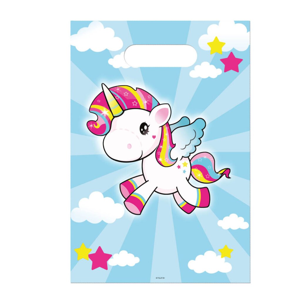 Schattige vliegende eenhoorn met regenboogmanen in blauwe lucht met wolken en sterren Eenhoorn Uitdeelzakjes