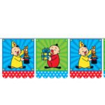 Vrolijke clown met feesthoed en cadeautjes op kleurrijke circus illustratie Bumba Vlaggenlijn 10m