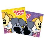 Woezel en Pip kleurrijke kinderillustratie met hondjes op gele en paarse achtergrond Woezel pip servetten