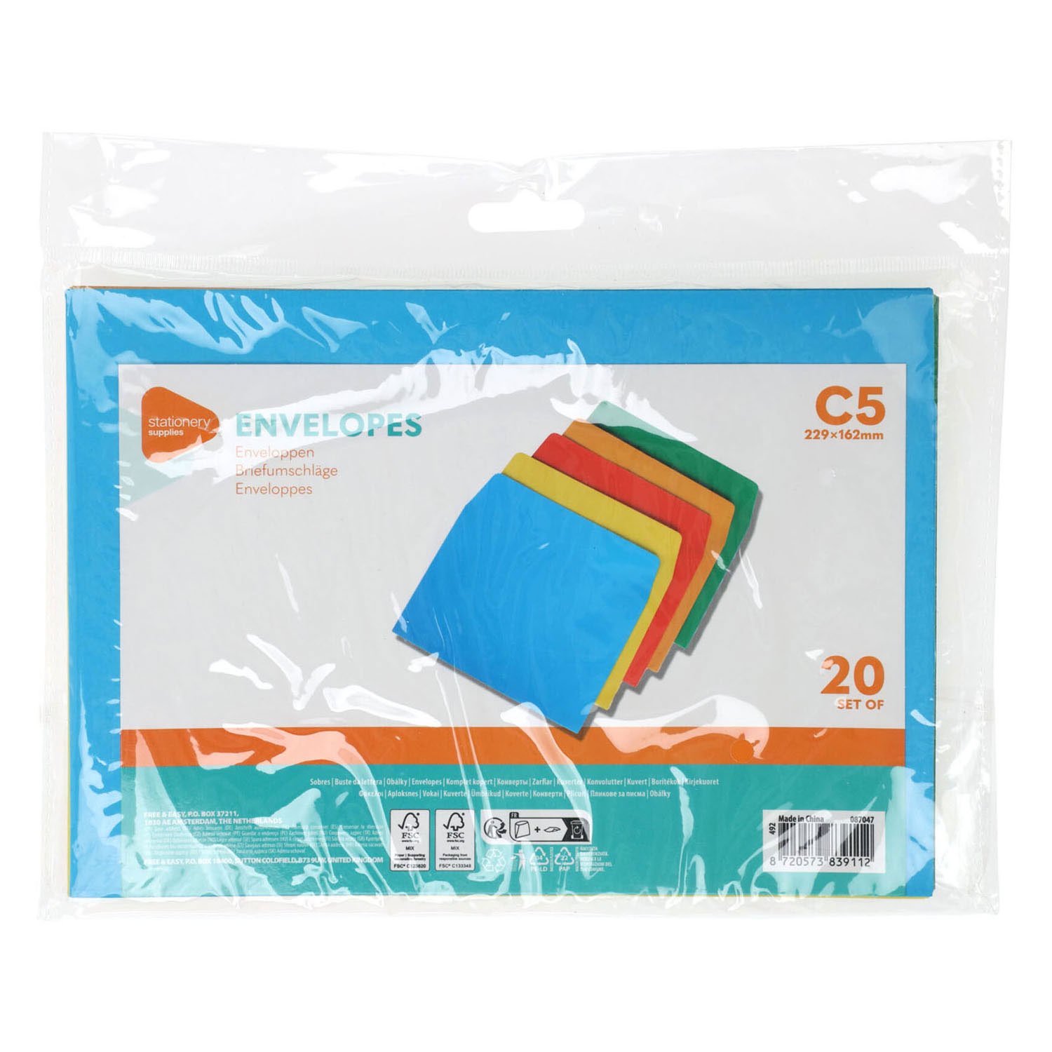 gekleurde-enveloppen-c5-20stuks-multikleuren-plastic Set van 20 Gekleurde Enveloppen C5 in plastic verpakking