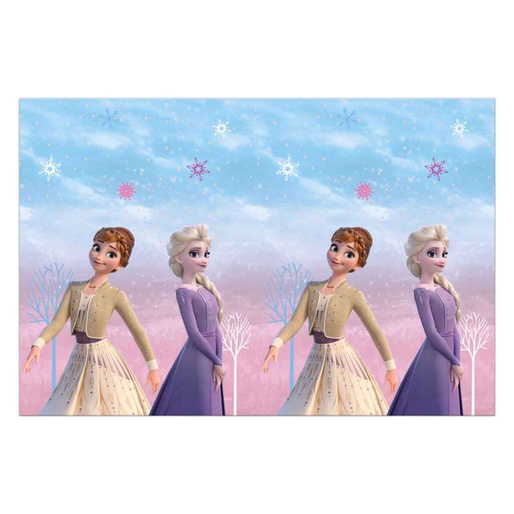 Anna en Elsa uit Frozen in winterlandschap met sneeuwvlokken en pastelkleuren Tafelkleed Frozen 2 Wind Spirit