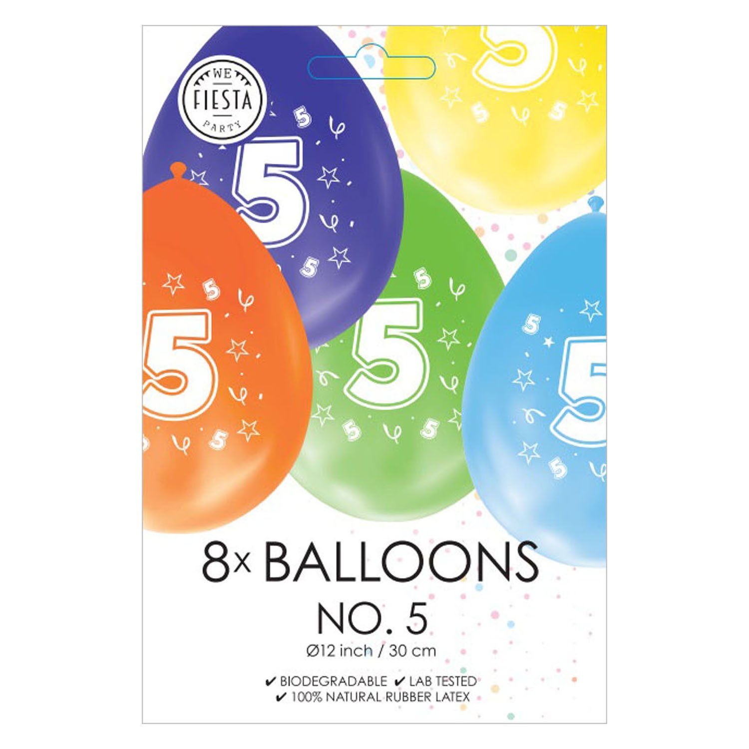 globos-ballonnen-set-nummer-5-verpakking-multicolor Verpakking set van 8 ballonnen met nummer 5 in verschillende kleuren Ballonnen 2-zijdig Geprint Cijfer 5