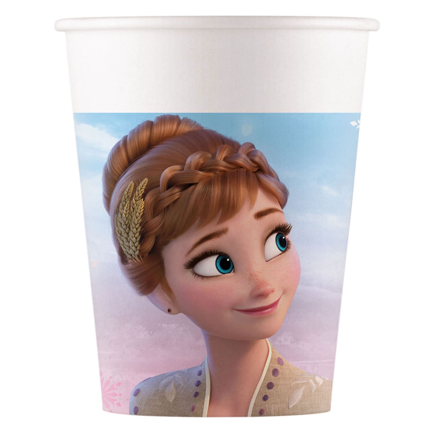 globos-disney-prinses-anna-beker-gevlochten-kapsel-blauwe-ogen Disney prinses Anna op beker met gevlochten kapsel en blauwe ogen Papieren Bekers FSC Frozen 2 Wind Spirit