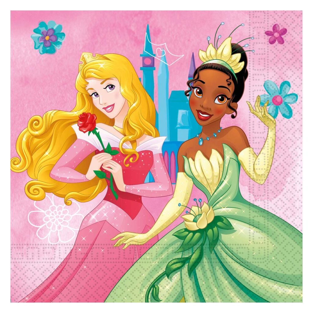 Disney prinsessen Doornroosje en Tiana in elegante jurken met bloemen op roze achtergrond Papieren Servetten FSC Disney Princess Live Your Story