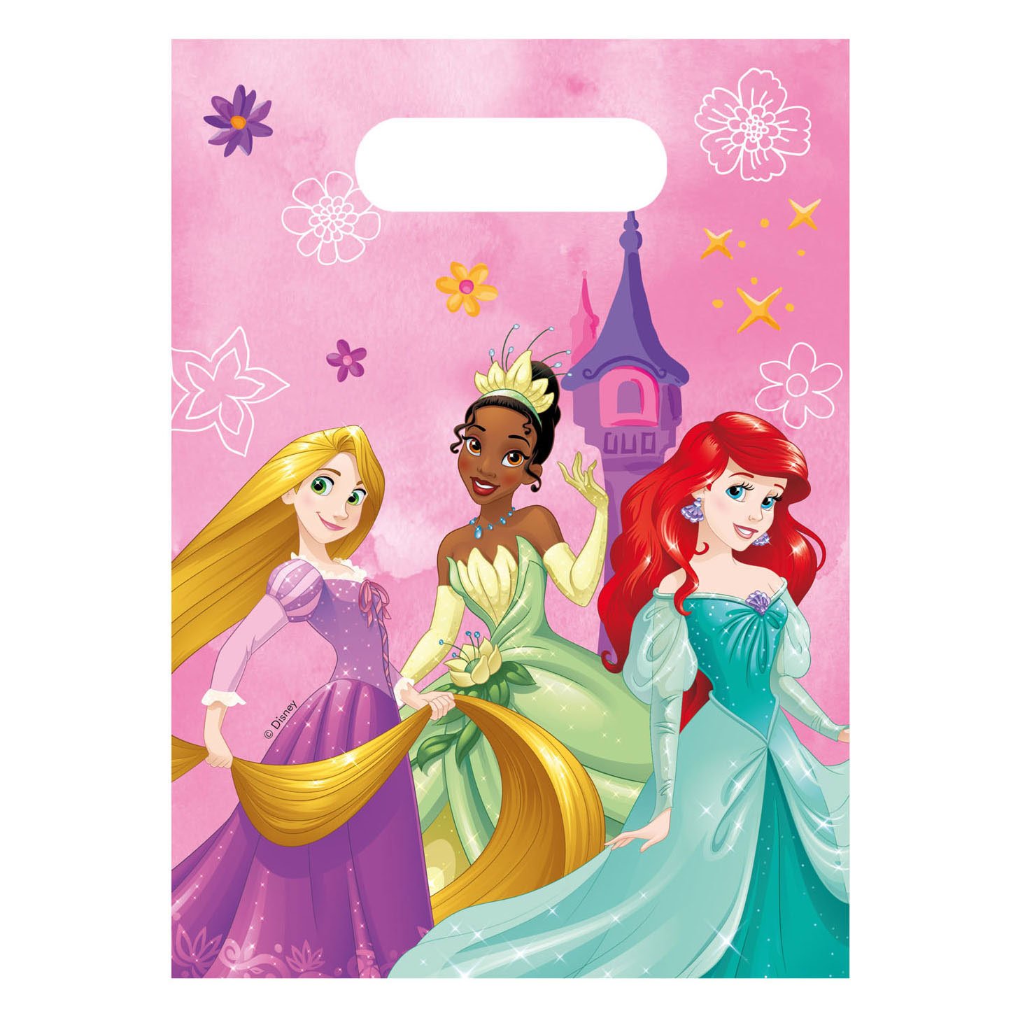 globos-disney-prinsessen-rapunzel-tiana-ariel-roze-achtergrond Disney prinsessen Rapunzel, Tiana en Ariel op roze achtergrond met bloemen en kasteel feestzakjes disney princess