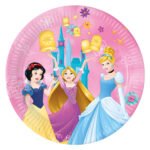 Disney prinsessen Sneeuwwitje, Rapunzel en Assepoester met lantaarns voor kasteel op roze achtergrond Papieren bordjes fsc disney princess