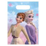 Elsa en Anna uit Frozen rug aan rug met sneeuwvlokken op pastel achtergrond Feestzakjes Frozen 2 Wind Spirit